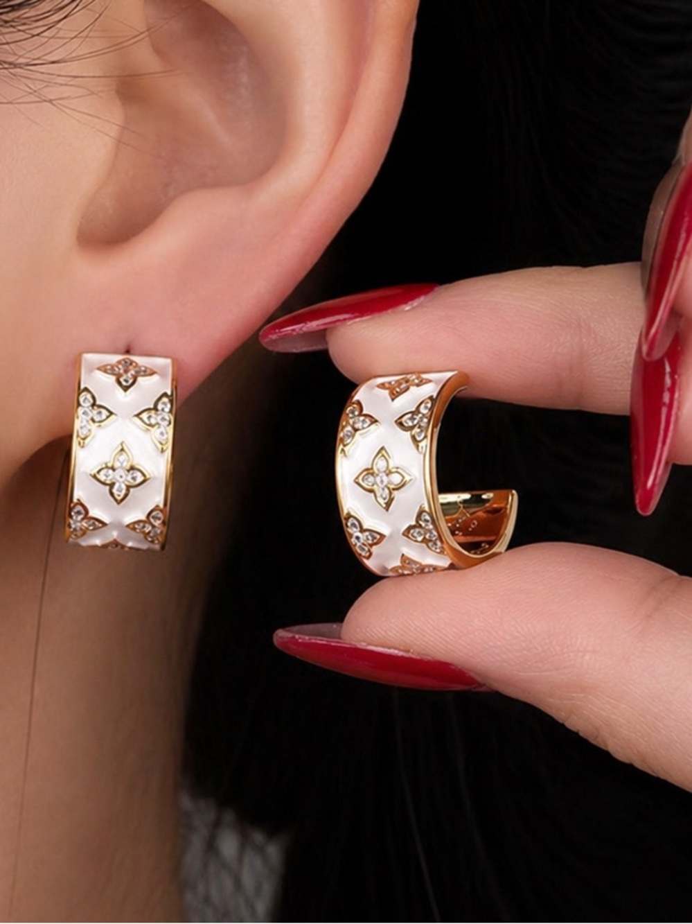 White Clover Hoop Earrings Gold Plated Huggie Hoops